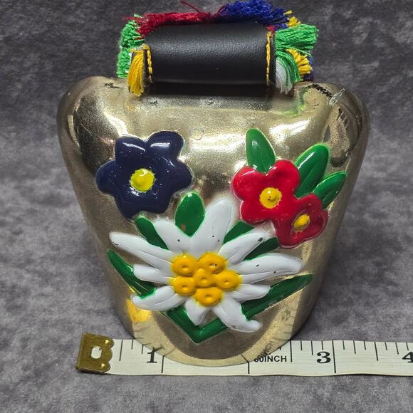 Hand Painted Floral Brass Cow Goat Sheep Bell Helen GA Embroidered Strap Collect - Picture 8 of 10